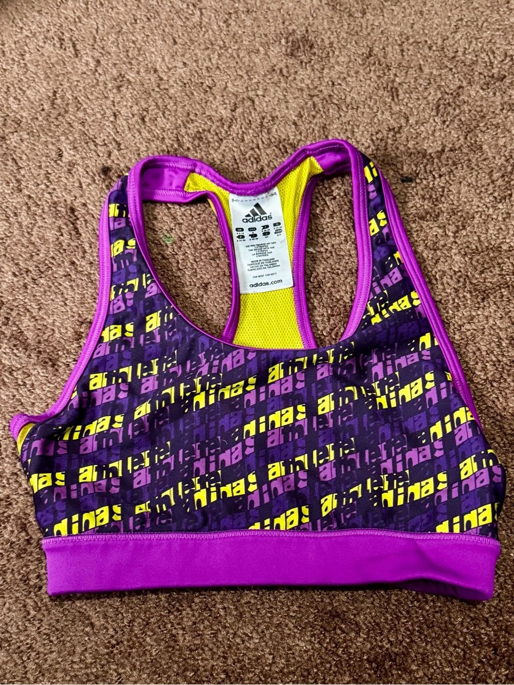 adidas Purple and Neon Yellow Graphic Racerback Sports Bra